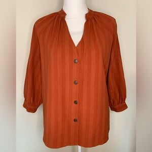 Ellison Boho Top Blouse Stripe Button Down 3/4 Sleeve Linen Cotton Women Medium